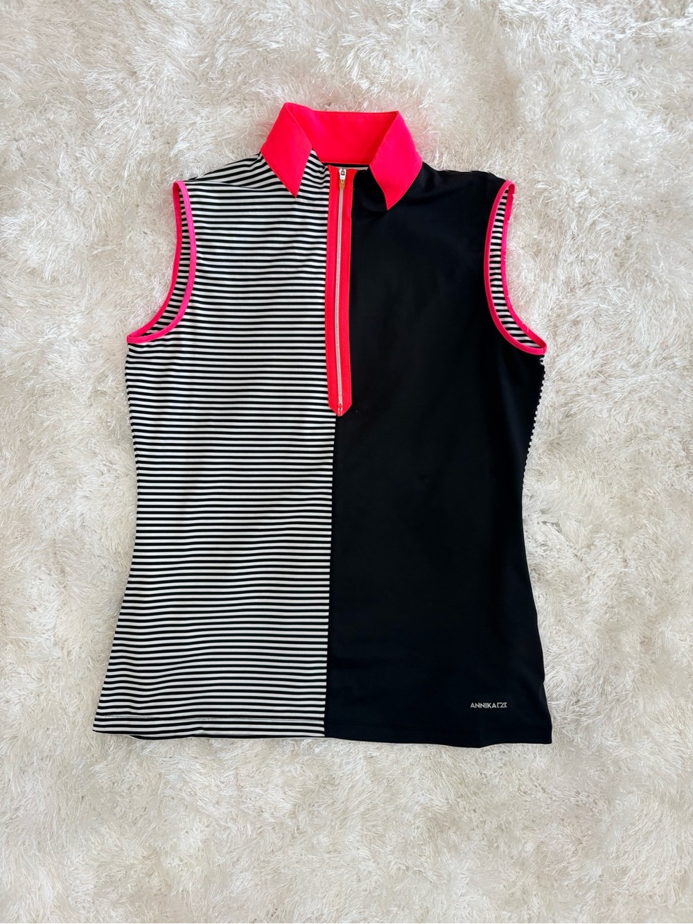 Cutter + Buck Sleeveless Black & White Stripe Golf Polo with Pink Trim